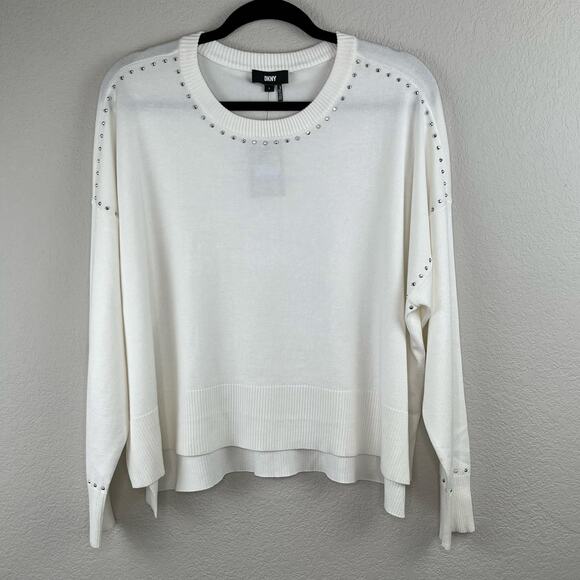 DKNY White Crewneck Stud Trim Split Hem Oversized Long Sleeve Sweater XL NWT - Picture 13 of 14